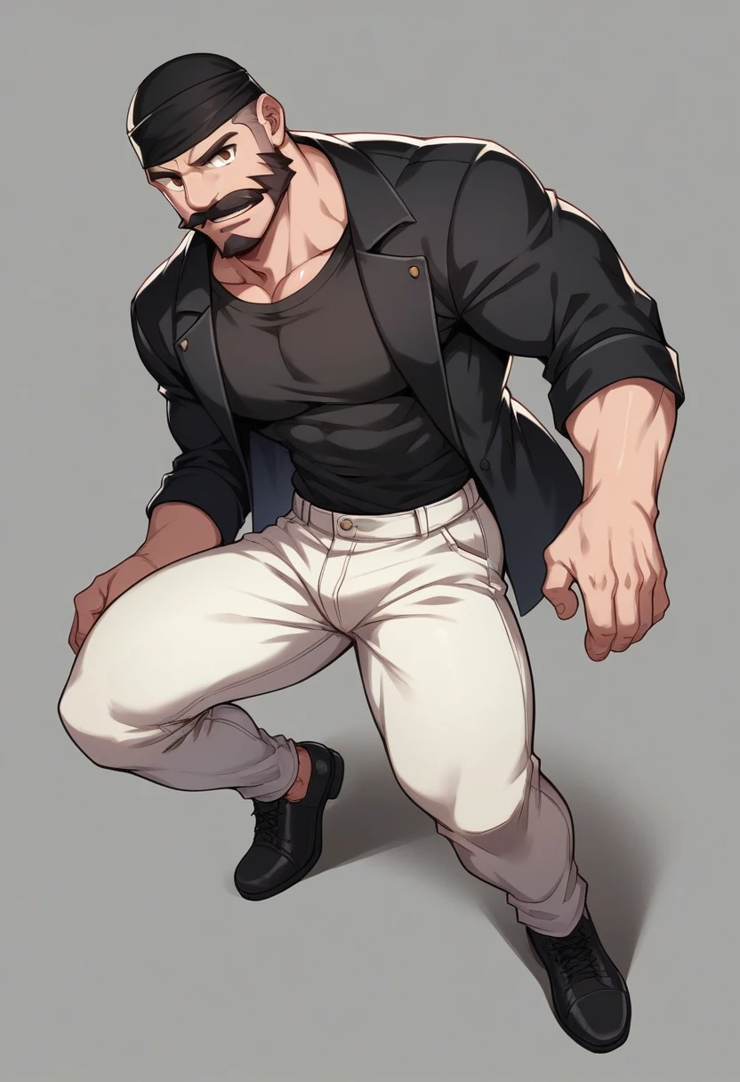 Portrait image of a young 6 feet tall boy, with a black turban on his head, 36 inches wide chest, fair complexion, black and thick beard-mustache, pink lips, brown eyes, sharp nose, 18 inch biceps, with black t shirt, Above black jacket and below black bell bottom jean pants and black formal shoes.