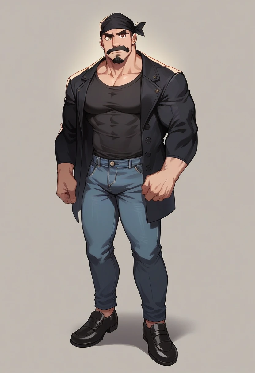 Portrait image of a young 6 feet tall boy, with a black turban on his head, 36 inches wide chest, fair complexion, black and thick beard-mustache, pink lips, brown eyes, sharp nose, 18 inch biceps, with black t shirt, Above black jacket and below black bell bottom jean pants and black formal shoes.