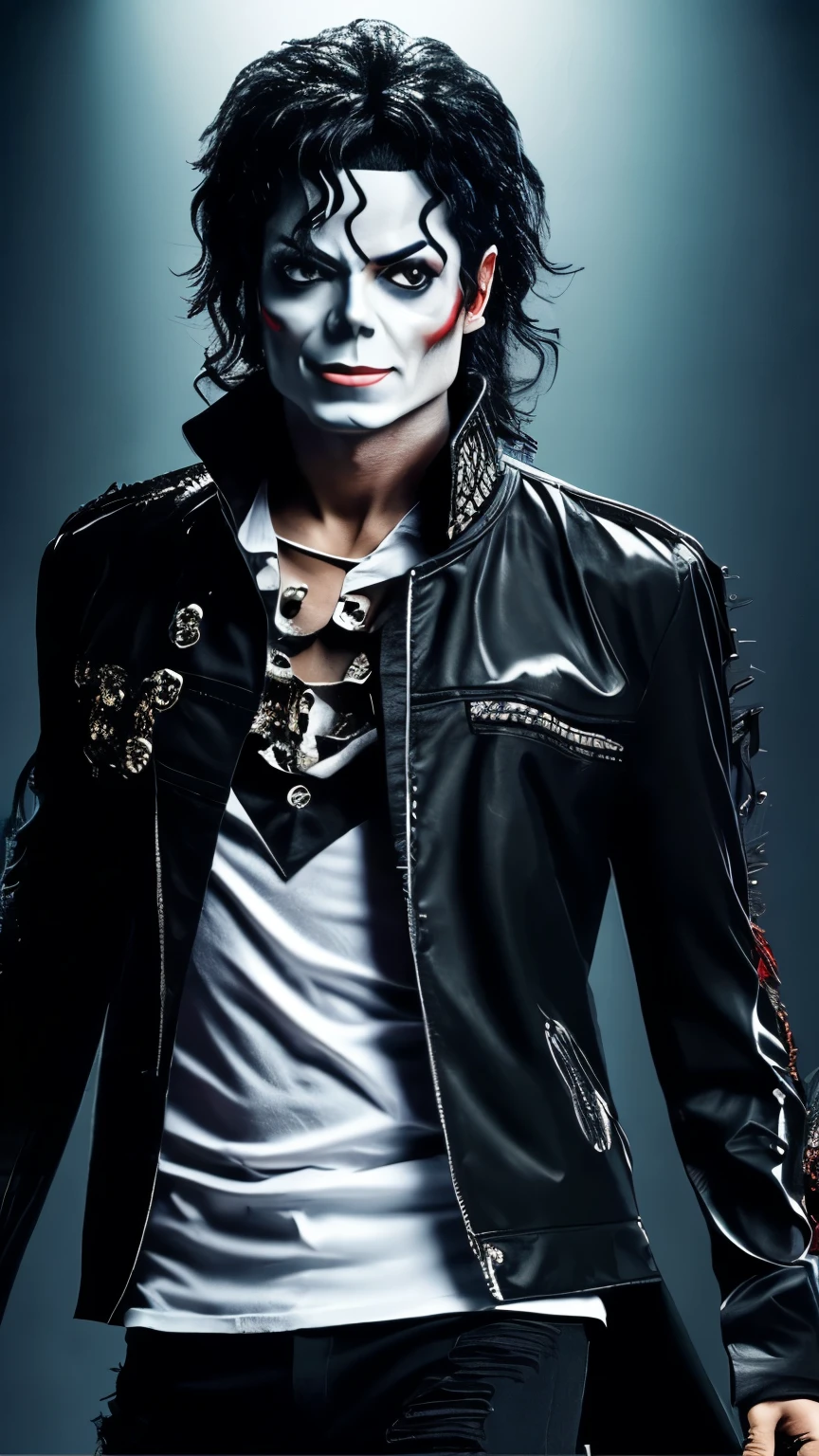 Create a digital representation of Michael Jackson dressed in a stylish zombie costume, with torn clothes, dramatic makeup and tousled hair, similar to the look he wears in the music video "thriller". He&#39;s in a dark and gloomy setting, surrounded by mysterious shadows.