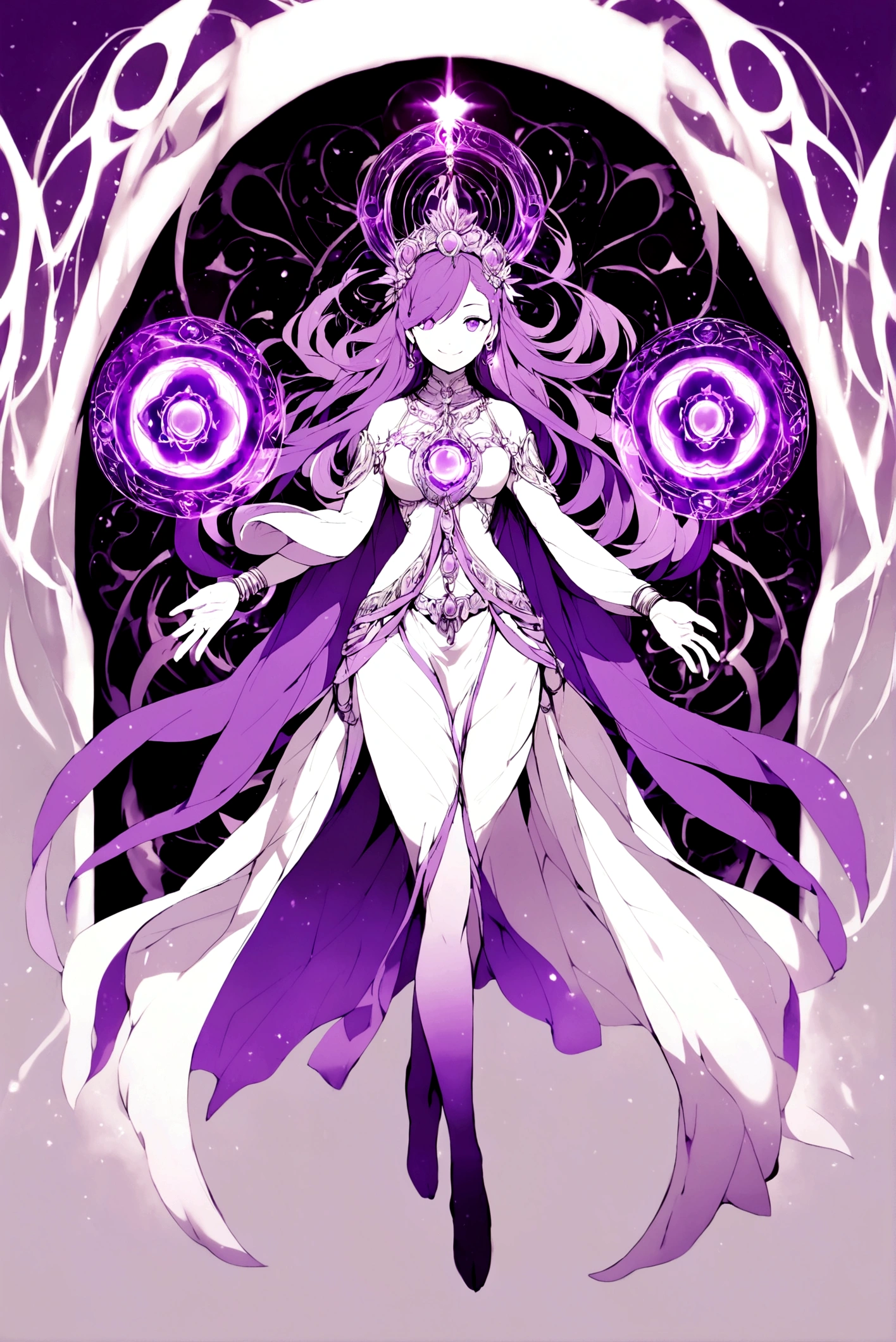 full body,goddess,purple color, detail2eye, low contrast, desaturated, blur, noise,purple hair,purple eyes,holy light,smile,magic circles