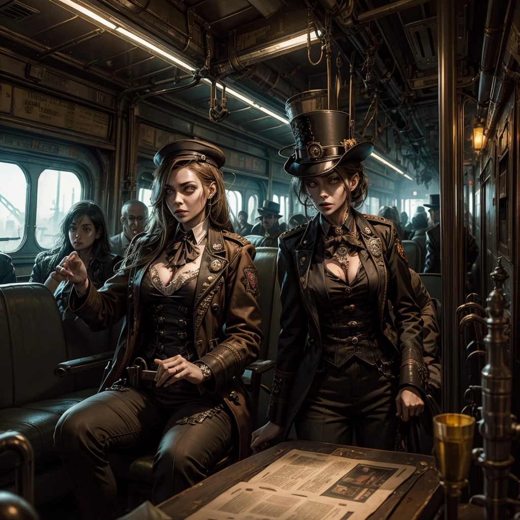 A female zombie conductor in a steampunk railway uniform in the background a sinister and mysterious dilapidated train with a skeletal engineer on board