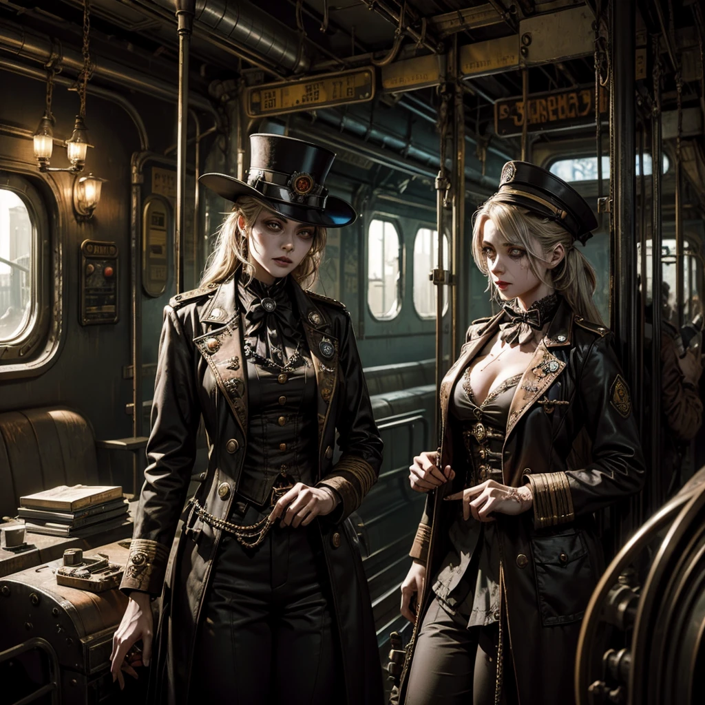 A female zombie conductor in a steampunk railway uniform in the background a sinister and mysterious dilapidated train with a skeletal engineer on board