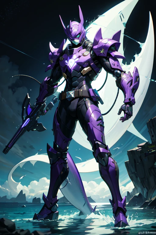 ((best quality)), ((masterpiece)), (detailed), 1 male, full body, 25 years old, masked, purple mask, smooth head, mask covering his mouth, 1 shark fin on his head, diving mask, angry expression, black collar, tall and strong, very athletic, shark fins, grey details, mechanical shark jaw, purple fingerless gloves, purple wristbands, water shooters, shooting water from his wrists, purple nanotech suit resembling light armor, purple chest with an emblem, green fly emblem on his chest, green emblem, purple pants, shark tail, blue knee pads, metallic purple boots, black superhero belt, standing on a pier by the sea, night city background, anime