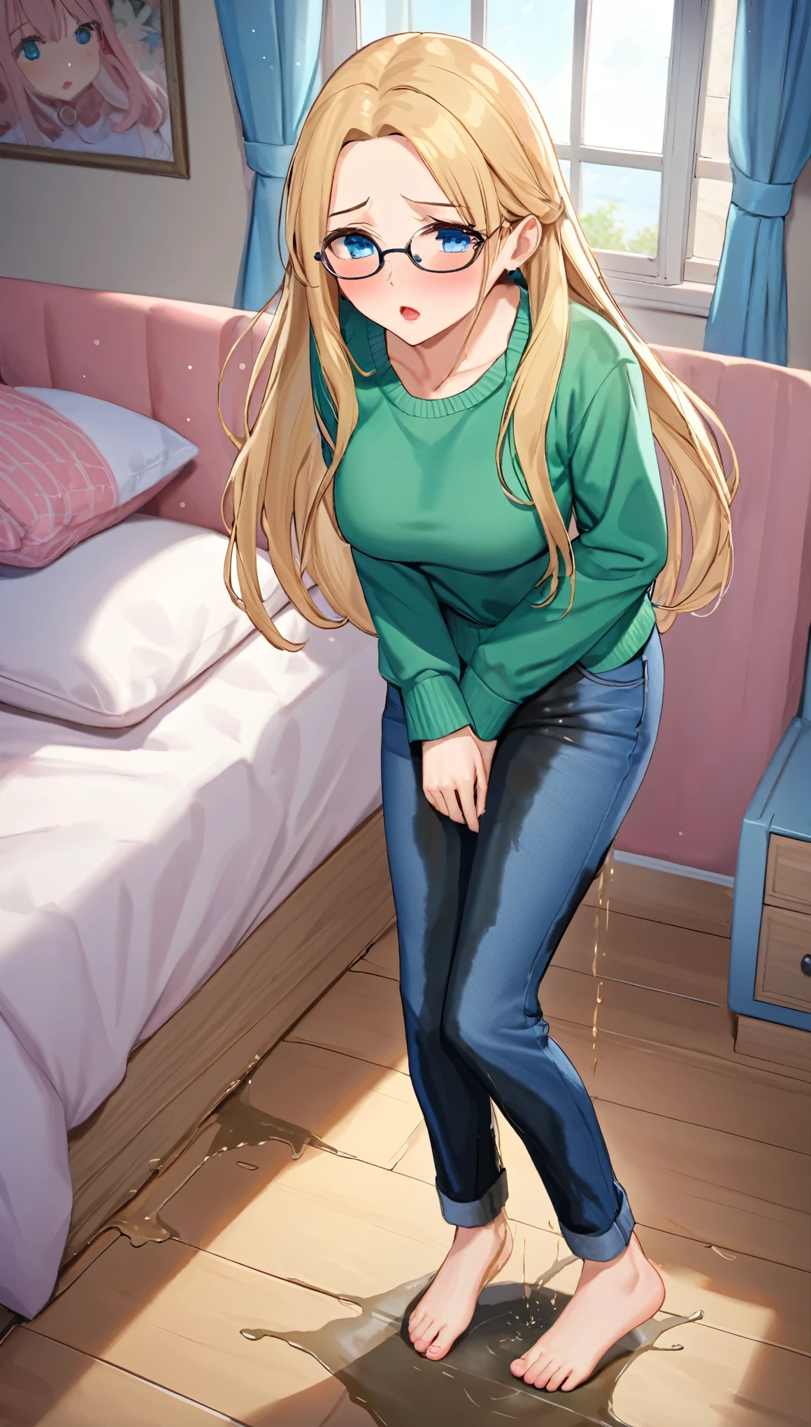 ((best quality, masterpiece:1.3, 8K)), (detailed), highly detailed face and skin texture, detailed eyes, bedroom, bed, window, full body, standing, slender body, 1girl, 25 years old, white skin, blue eyes, bright lips, scared, worried, embarrassed, panicking, blond hair, straight hair, long hair, (forehead:1.0), blue eyes, (reading glasses:1.0), green sweater, hard nipples, jeans pants, skinny jeans, blue jeans, barefoot, peeing jeans, peeing pants, pee stain, (wetting herself:1.5, desperation:1.5),