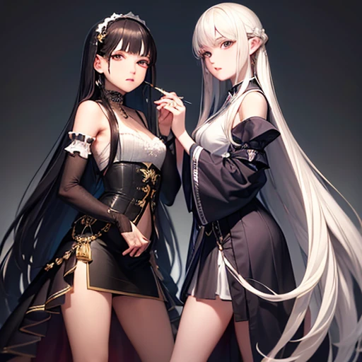 (Highest quality), (masterpiece:1.2), (Realistic, photo-Realistic:1.2), (Highly detailed face and skin texture), (Photographed from the front:1.1), (20 year old Japanese idol), Two Women, Cute face, Whitening skin, double eyelid, (Ridiculously long hair:1.5), (Slim figure), (Flat Bust:0.9), Long legs, (Black straight hair), (Gothic ta Couple), Two people standing back to back, whole body, Two people join hands, Blowing in the Wind