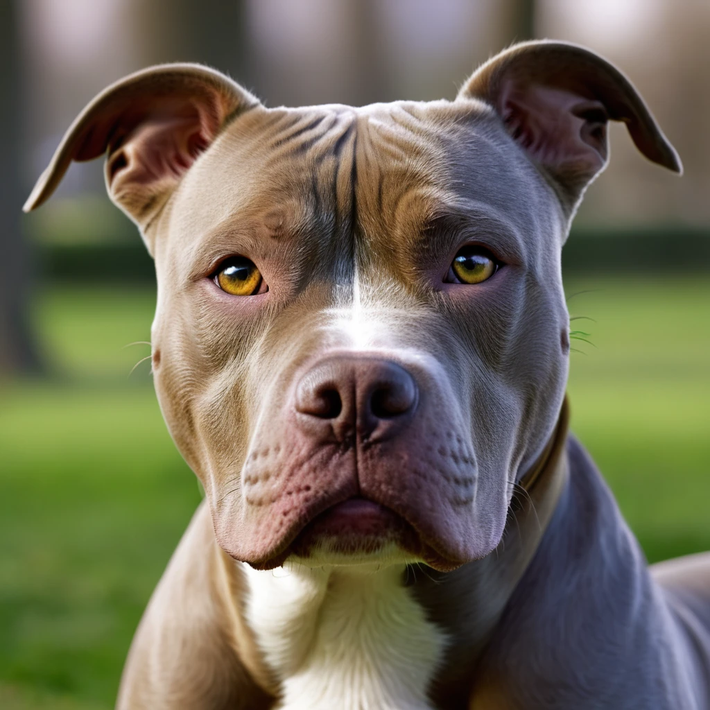 masterpiece, ultra realistic, UHD, 4k, a picture of a pitbull face, in a park. sharp focus, blurred background