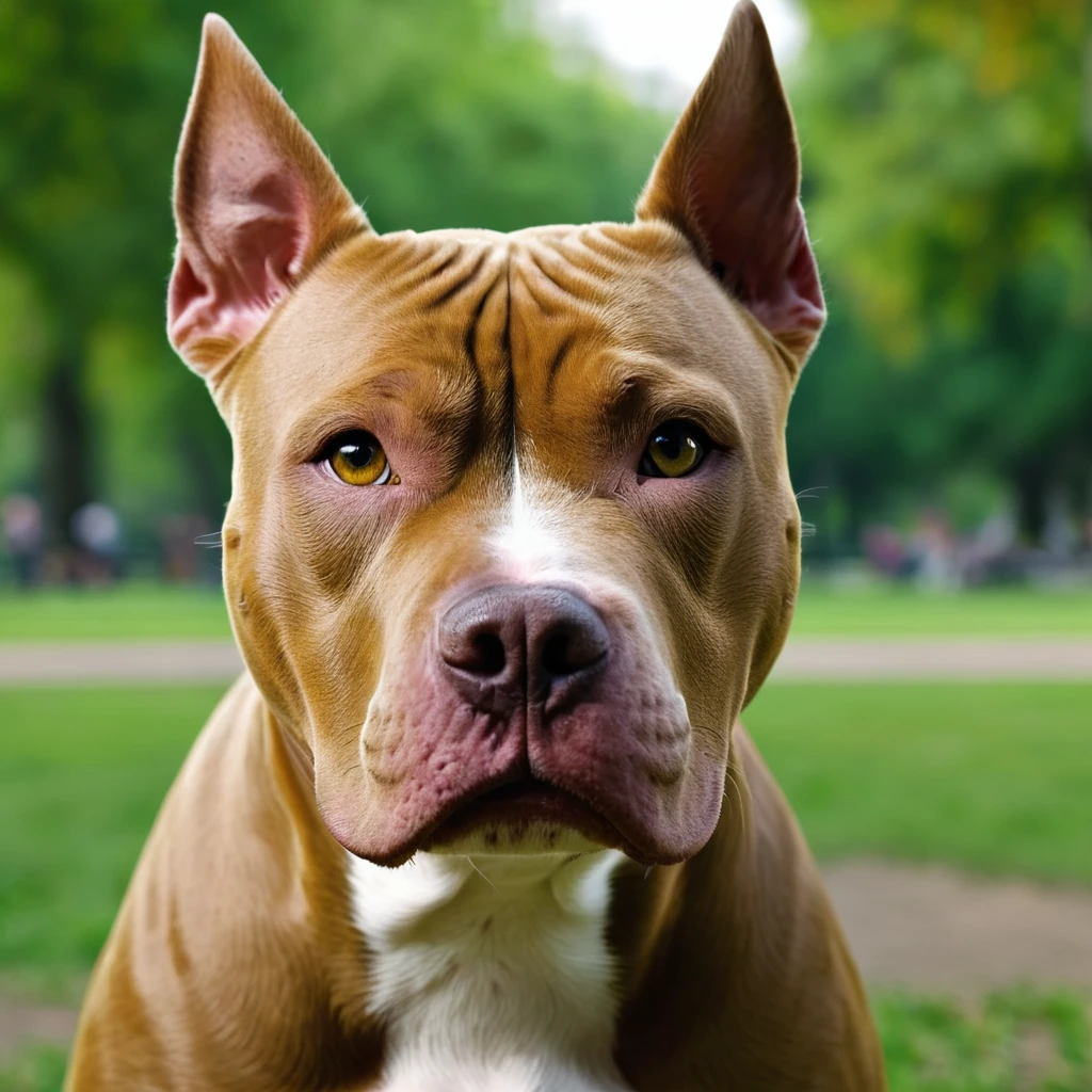 masterpiece, ultra realistic, UHD, 4k, a picture of a pitbull face, in a park. sharp focus, blurred background