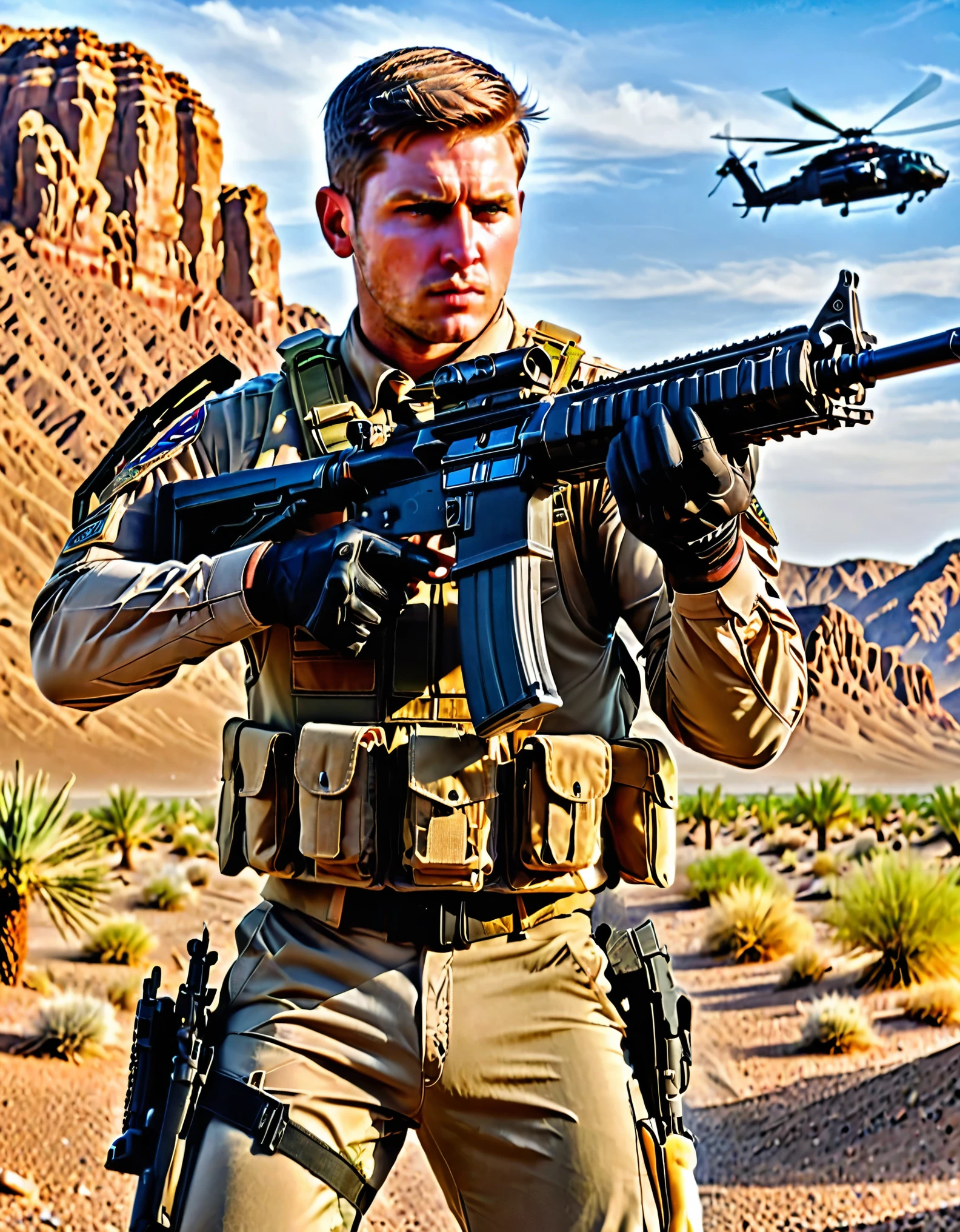 (masterpiece), (best quality), highres, 1man, male focus, solo, solo focus. brown hair, short hair, crew cut, blue eyes, long sleeves. us soldier, desert uniform, helmet, gloves, gun, handgun, holding gun, holding weapon, holster, holstered weapon, green load bearing vest, pistol, thigh holster, (gunmetal black rifle, assault rifle). trigger discipline, weapon. desert backdrop, daytime, blackhawk helicopter, gritty atmosphere.