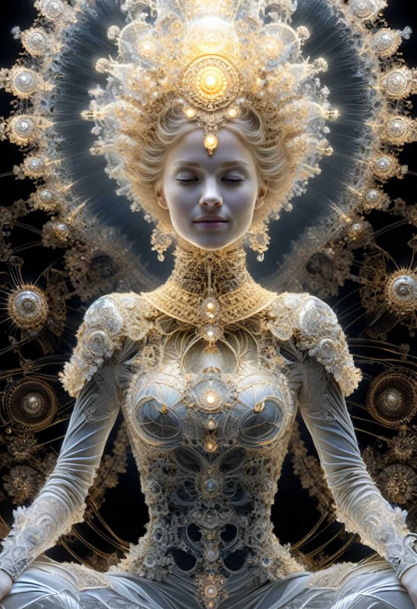 à la manière de Megan Hess,(à la manière de Nick Veasey:0.6), une sublime femme heureuse et rayonnante en armure translucide brillante de Mandelbrot, regard intense,  poitrine sublime effet push-up, détaille fractal,1fille, pose dynamique,  très détaillé,  hyperréaliste , magnifique sourire radieux,  longues_jambes 