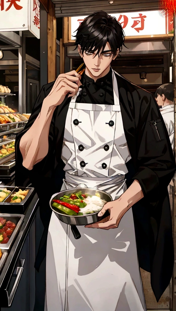A handsome young man with black hair, dressed in a professional chef's outfit, is standing at a bustling street food stall. He is focused and skillfully preparing a delicious dish, with various cooking utensils and ingredients around him. The background features a vibrant market scene with other food stalls, colorful signs, and a crowd of people eagerly waiting for their food, emphasizing his dedication and expertise in the culinary arts.