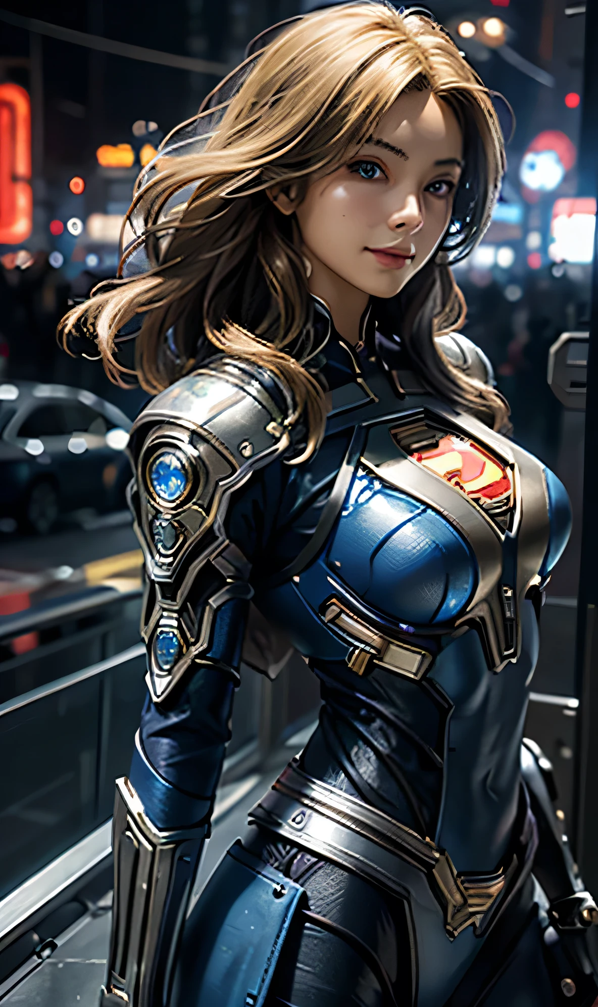 superwoman masterpiece, (best quality), Very detailed, Super detailed, 1. Super Girl, (Mechanicalwing: Golden, Glowing eyes: blue, silver armor: 1.2, Elongated ears: 0.8), (Cyberpunk City: 1.5, arms: Energy Blade), (Fantasy Landscape: 1.2, natural lighting: 1.5, Confident expression), (panoramic: 1.2), Blonde, Superman logo "S" on chest, Mecha, Smile, blue eyes, angle, Angel, wing,