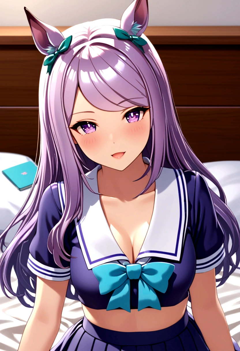 ((8K, Best Quality, masterpiece, Highly detailed)),{{{NSFW}}},Semi-realistic illustrations,Mejiro McQueen \(umamusume\),{1 girl,beautiful girl,cute,smile,kawaii, lovely,blushing,playful expression},sharp focus,oily skin,beautiful detailed hair,glossy hair,(wear school uniform:1.5),(two nipples slip from school uniform:1.2)(NSFW),erection-of-nipples,(lying on the bed:1.2),wear long school skirt,perfect two legs,(spread two legs:1.2),(show-off-white-panties:1.3),five fingers,large breaths,wear black pantyhose,beautiful detailed eyes,jewel like eyes,violet eyes, (two hands behind head:1.1),open mouth,armpits, solo,beautiful navel,  looking at viewer,collarbone,earring