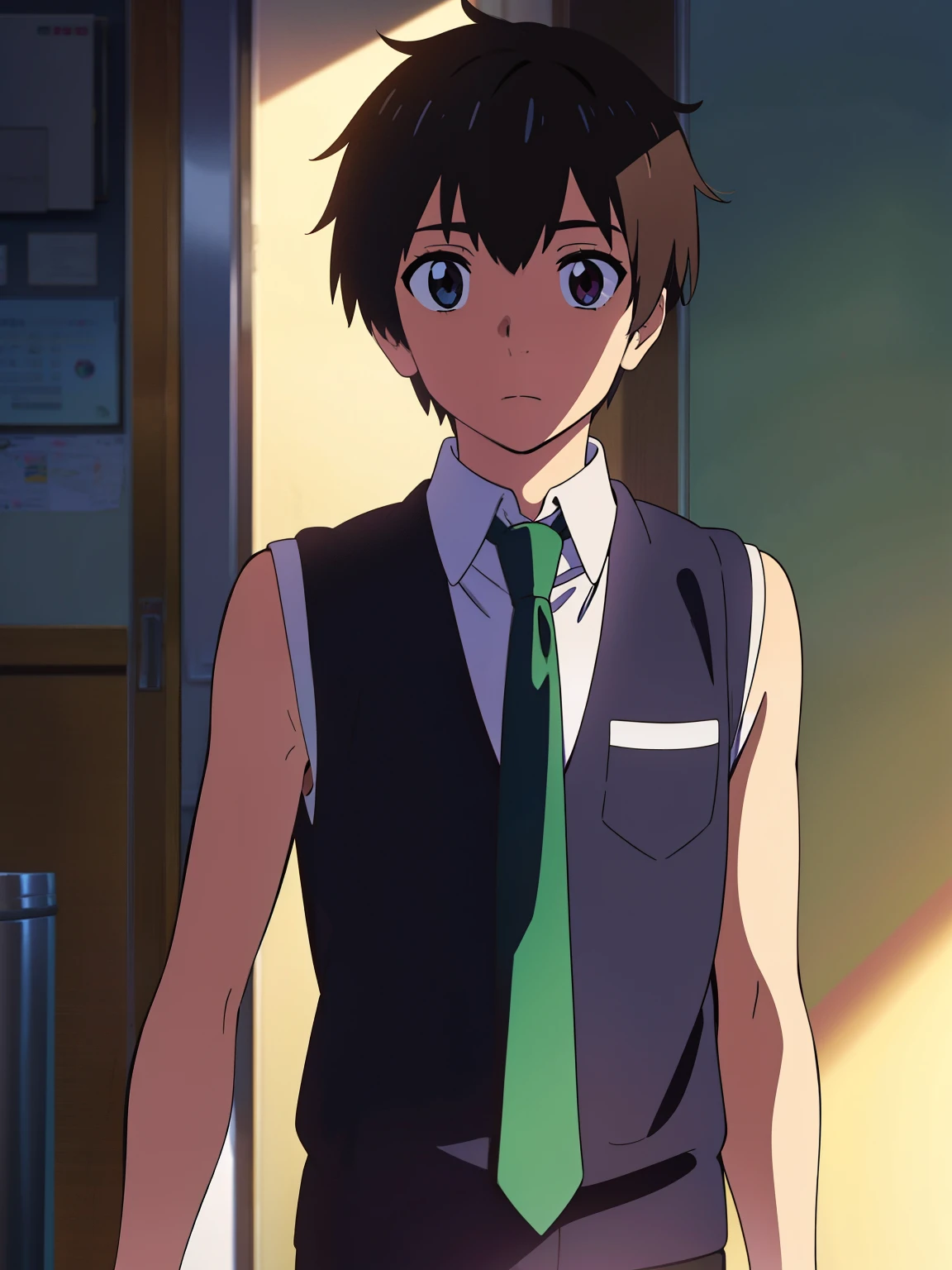 shinkai makoto, kimi no na wa, Highres, Masterpiece, Best quality at best,Best Quality,hight quality, hight detailed, Anime style, 1boy, Shota, young boy, Solo person, office, (Sleeveless shirt, Bare shoulder), Tie, Seen from the front, look at viewer, (very young boy), (very small and short body), 12-year-old boys, hansome boy