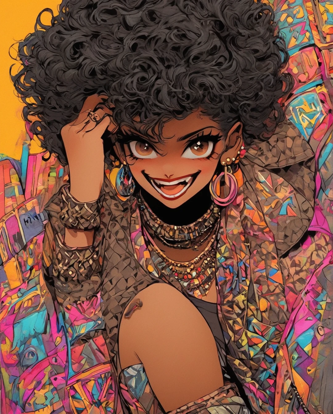 A rebellious Saudi Arabian woman, her black hair styled into a punk rock inspired look, complements her brown eyes and light brown tan skin. The image, possibly a vibrant painting, captures her bold and unique style with precision. Every detail, from her edgy clothing to her unconventional appearance, exudes an air of confidence and individuality. The high quality of the image allows viewers to truly appreciate the essence of her unconventional beauty and self-expression