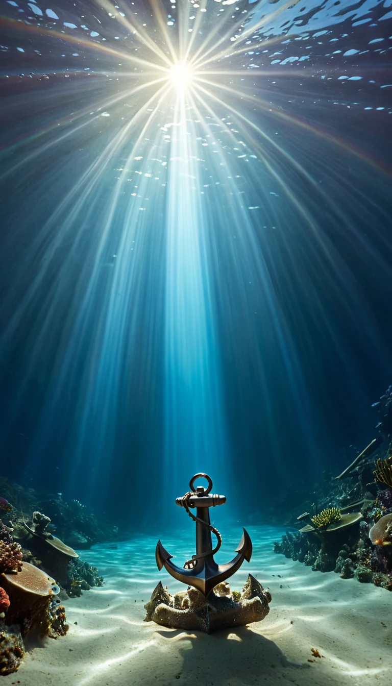 (((Chrome anchor stuck at the bottom of the deep seabed))) Shaft of sunlight penetrating the surface of the sea, Illuminate the world hidden below, Create captivating underwater scenes. Vertical panorama, Ultra-wide angle view. Ultra-high resolution, masterpiece, Award-winning photo, Vast landscape photography , (A view from below, with the sky above and the wide fields below), (masterpiece:1.2), (Highest quality), 4K, Super detailed, (Dynamic configuration:1.4), Very detailed, Colorful details,( Rainbow colors:1.2), (Shining Lights, Atmospheric lighting), dream-like, Magic, (alone:1.2)