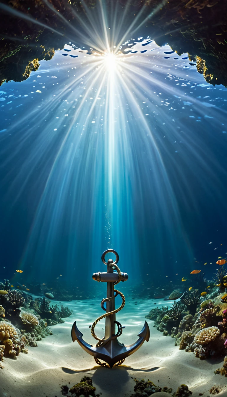 (((Chrome anchor stuck at the bottom of the deep seabed))) Shaft of sunlight penetrating the surface of the sea, Illuminate the world hidden below, Create captivating underwater scenes. Vertical panorama, Ultra-wide angle view. Ultra-high resolution, masterpiece, Award-winning photo, Vast landscape photography , (A view from below, with the sky above and the wide fields below), (masterpiece:1.2), (Highest quality), 4K, Super detailed, (Dynamic configuration:1.4), Very detailed, Colorful details,( Rainbow colors:1.2), (Shining Lights, Atmospheric lighting), dream-like, Magic, (alone:1.2)