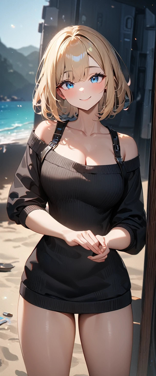 (((One girl))), ((beach)), noon, blond hair, bob cut, breasts, from front, (cowboy shot), standard body, (looking at viewer), ((black sweater)), ((off-shoulder knit sweater, Quite thick shoulder straps)), {{long juliet_sleeves}}, ager, head tilt:1.3, (((blue eye))), ((happy smile)), anime style, (best quality, 4k, 8k, highres, masterpiece:1.2, ultra-detailed, ultra-detailed eyes, HDR, UHD, studio lighting, ultra-fine painting, sharp focus, physically-based rendering, extreme detail description, professional, vivid colors, bokeh), ((Highest quality, Best image quality, Ultra-high resolution, Ultra-high resolution, solo, Strong eye highlights)), Depth of written boundary, Natural soft light, attractive, Beautiful Face, Cleanliness, Pure Face, nedium chest, Beautiful Face, Perfect Fingers, Perfect hands, Perfect body, Perfect Face, Shine a light into your eyes, Perfect Anatomy