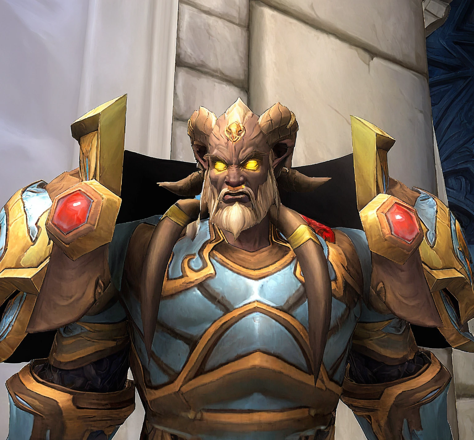 il y a un homme Draenei en armure , personnage de Warcraft, de World of Warcraft, de wow, expression intimidante, un commerçant degen majestueux et épique, photo d'un guerrier mâle adulte, armure de World of Warcraft, capture d'écran de World of Warcraft, Espaulières dorées, très musclé