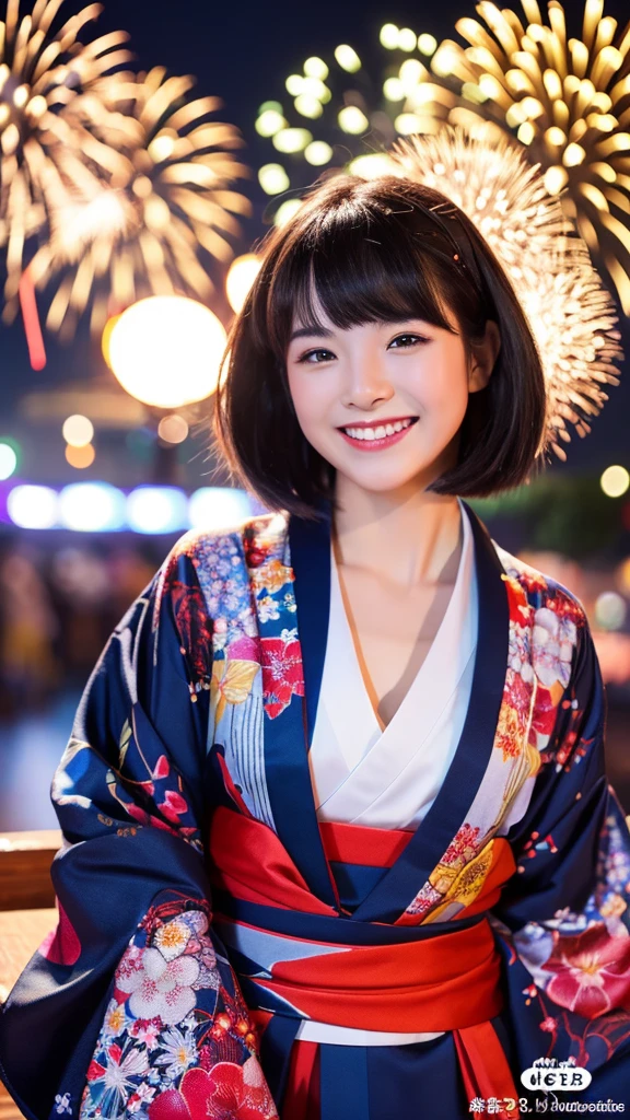 ((Best quality))((realistic))((full body))((face detail))A girl. Short black hair. Kimono. Night . Fireworks festival . laugh.