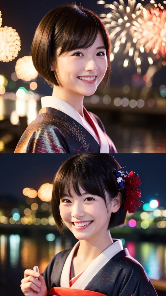 ((Best quality))((realistic))((full body))((face detail))A girl. Short black hair. Kimono. Night . Fireworks festival . laugh. 