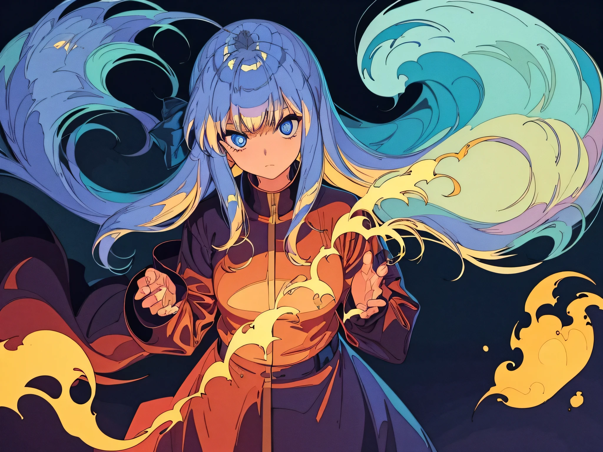 Ghost girl, sad girl, blue fire balls, fire spirit