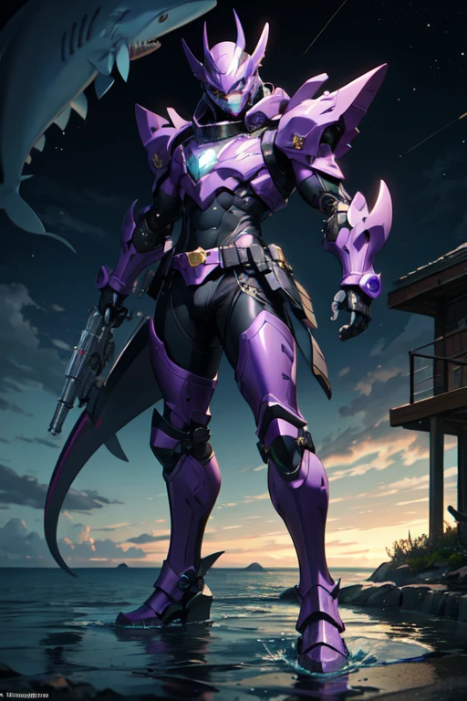 ((best quality)), ((masterpiece)), (detailed), 1 male, full body, 25 years old, masked, purple mask, smooth head, mask covering his mouth, 1 shark fin on his head, diving mask, angry expression, black collar, tall and strong, very athletic, shark fins, grey details, mechanical shark head, purple fingerless gloves, purple wristbands, water shooters, shooting water from his wrists, purple nanotech suit resembling light armor, purple chest with an emblem, green fly emblem on his chest, green emblem, purple pants, shark tail, blue knee pads, metallic purple boots, black superhero belt, standing on a pier by the sea, night city background, anime