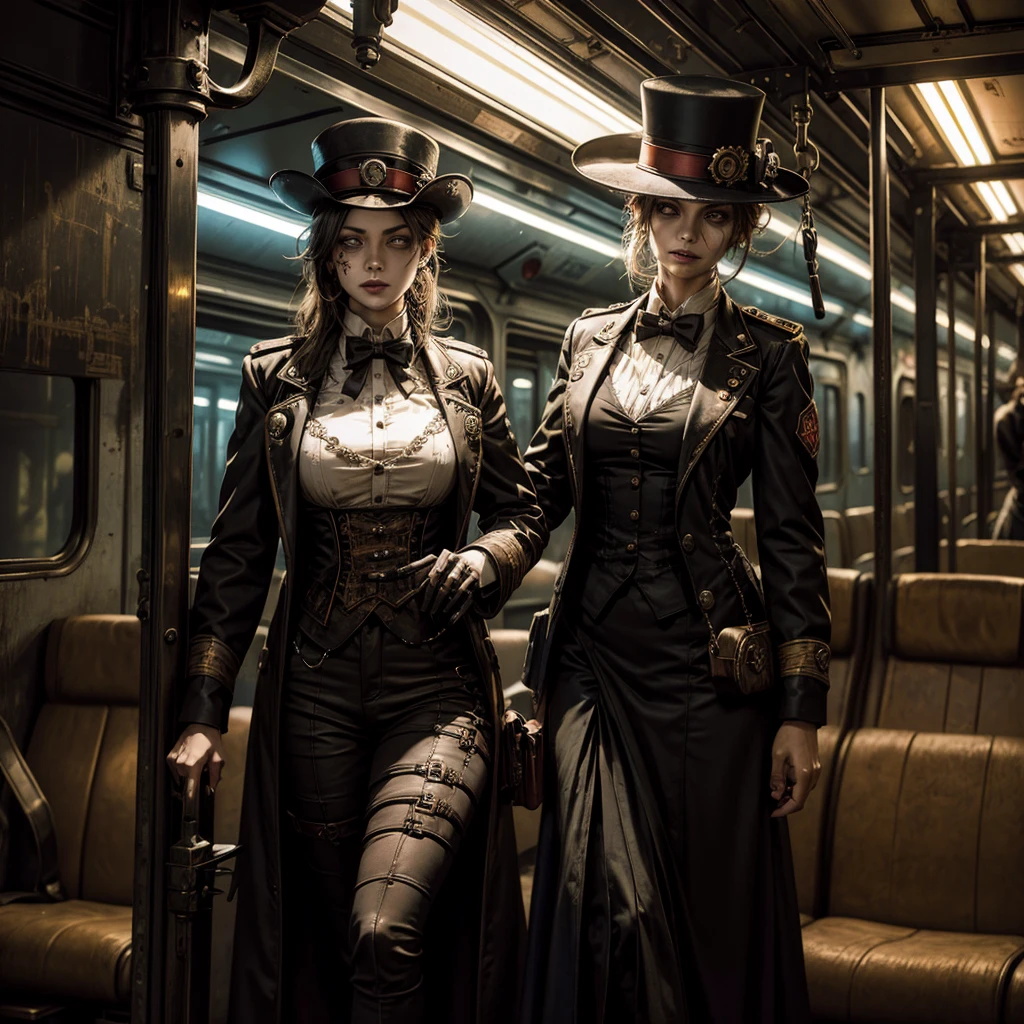 A female zombie conductor in a steampunk railway uniform in the background a sinister and mysterious dilapidated train with a skeletal passengers  on board