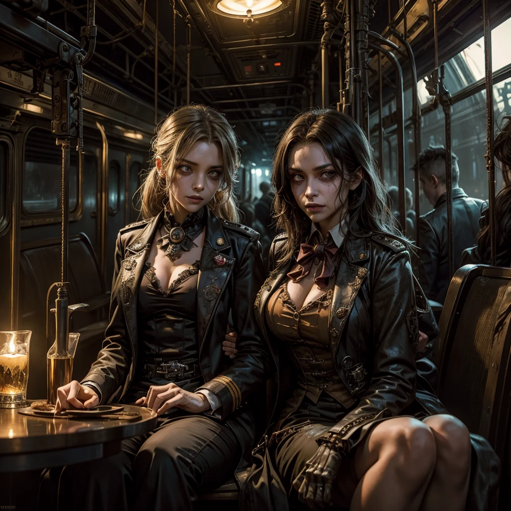 A female zombie conductor in a steampunk railway uniform in the background a sinister and mysterious dilapidated train with a skeletal engineer on board