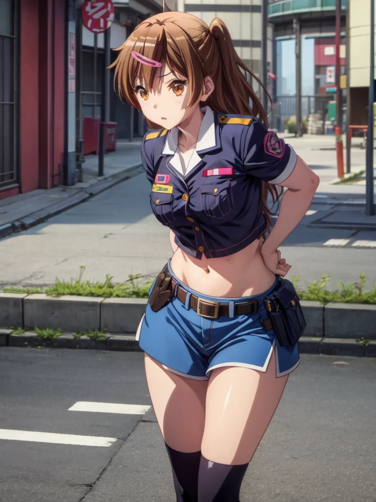 Girl, japan police uniform, navel shown, street background, policewoman, 