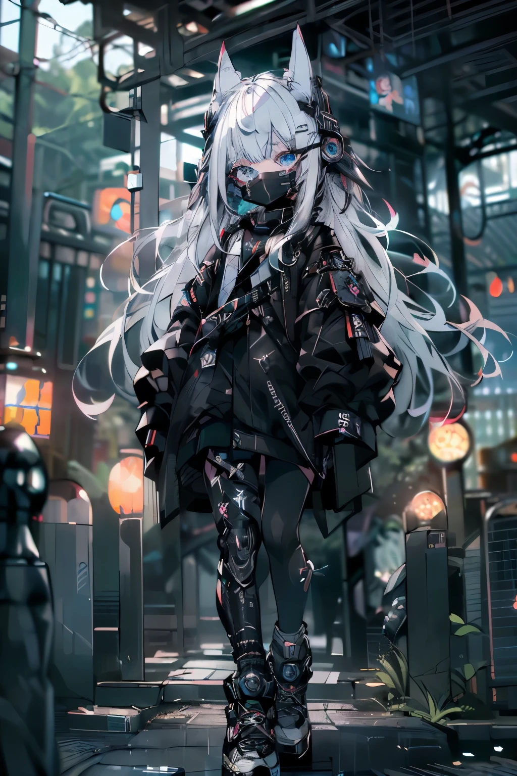 4K,(hacker),(((masterpiece))), ((best quality)), (Super Detail), (Hacker)Super Future,Gemstone eyes,Mechanical ears,High-tech headphones,Black mask,Heterochromia,Everlasting,White hair, Deep blue eyes, ,(((Girl wearing tech mask and tech accessories))),
