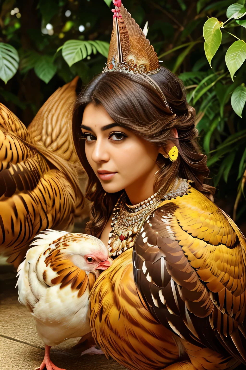 Hansika Motwani is a hen bird, She is a bird but her head looks like girl, from neck to full body looks like hen bird. Hen legs, hen wings. Bird body, hen body, perfect picture, perfect bird, real bird, Real head replace with real hen head. Exact Bird. Colorful hen.