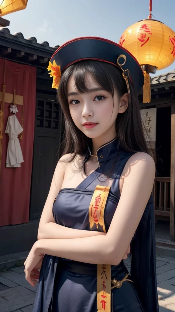 (Highest quality, 8K, masterpiece:1.2), Reality:1.4, One girl,alone, Black Hair, Beautiful breasts, Slender body, Small and slender figure, Underbust, Have, Light_smile, (Ofuda), China dress, Arms crossed, whole body, Outdoor, Hanging lanterns, night, Higashi Setuna, ((Detailed eyes and face:1.2, Professional photography techniques)), ((Baby-faced beautiful girl:1.2, Cute face)), (Detailed hands and arms:1.2)