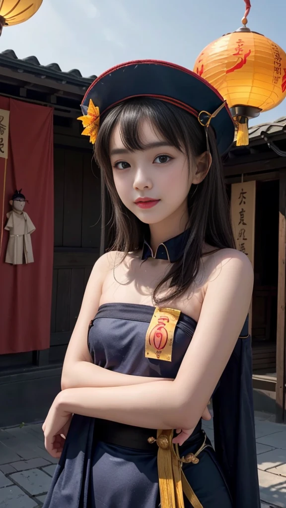 (Highest quality, 8K, masterpiece:1.2), Reality:1.4, One girl,alone, Black Hair, Beautiful breasts, Slender body, Small and slender figure, Underbust, Have, Light_smile, (Ofuda), China dress, Arms crossed, whole body, Outdoor, Hanging lanterns, night, Higashi Setuna, ((Detailed eyes and face:1.2, Professional photography techniques)), ((Baby-faced beautiful girl:1.2, Cute face)), (Detailed hands and arms:1.2)