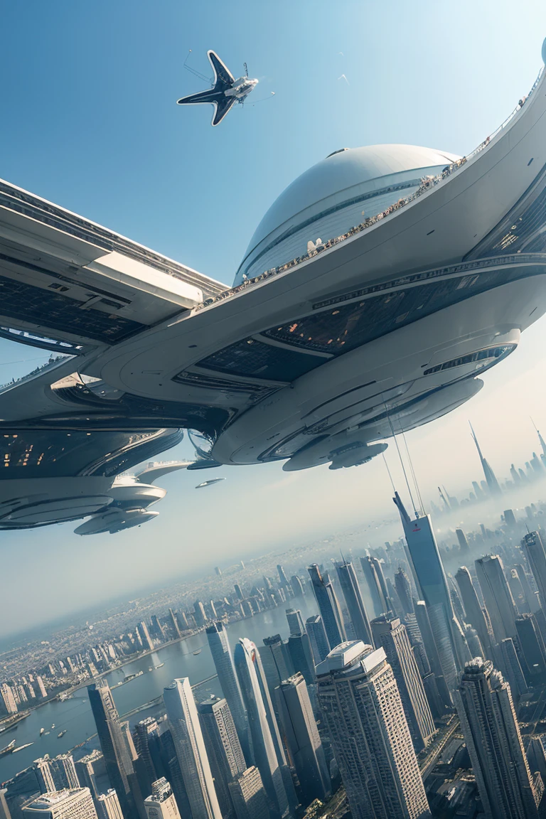 two forty-year-old women dressed in sophisticated and elegant overalls cross a futuristic flying and floating city crowded with houses and skyscrapers with domes and slender curved shapes and spiers full of antennas reaching towards the sky