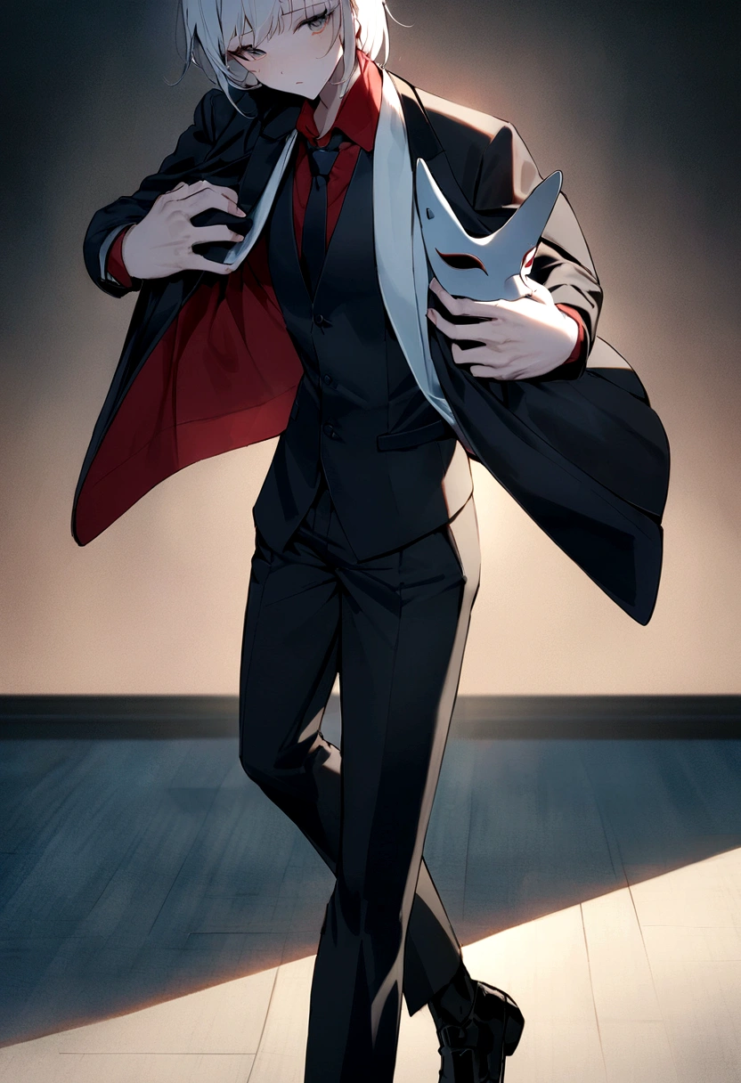 Carry a jacket on one's shoulders、White Hair、Cat ear、Black fox mask、suit、Red Shirt、Black jacket、Black vest、Black trousers、Navy blue tie、Offer your hand、Jacket draped over shoulders