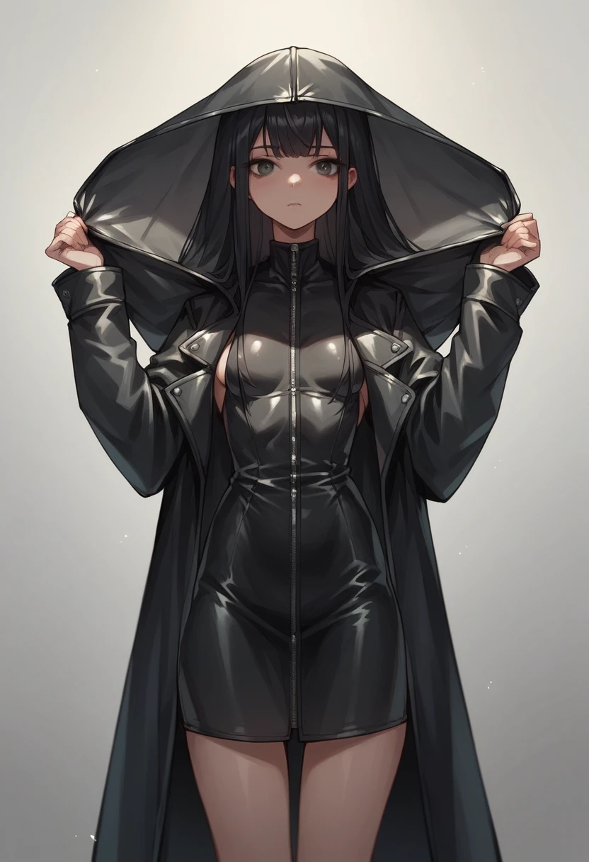 Very thin, very tall girl, 1 girl, (((front view))), in the frame from the waist, black hair, small breasts, in a long black leather raincoat,