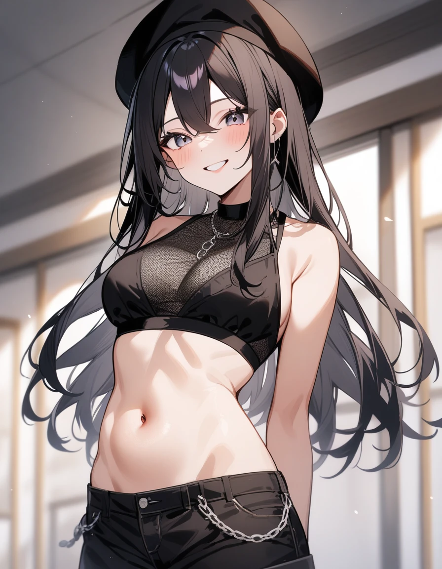Black and white mesh hair color、Black beret with chain、long hair、Black tank top、Belly button exposed、Black denim shorts、smile