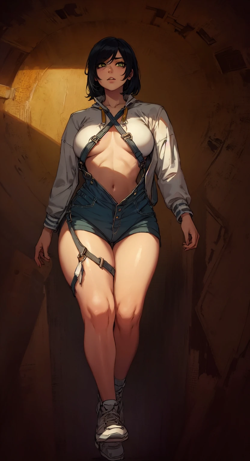 masterpiece, best quality, 1girl, ((young girl)), shiny skin, (thin waist), ((curvy)), ((wide hips)), ((small size)), hot, soft natural lighting, reflections, bright illuminations, full body, (((sexy yellow overalls))), (((tatoo on thigh))) navel, big long black hair, tomoko, sexy, slim figure, Detailed green eyes, Detailed face, Detailed eyes, tomoko kuroki, watamote, bare arms
