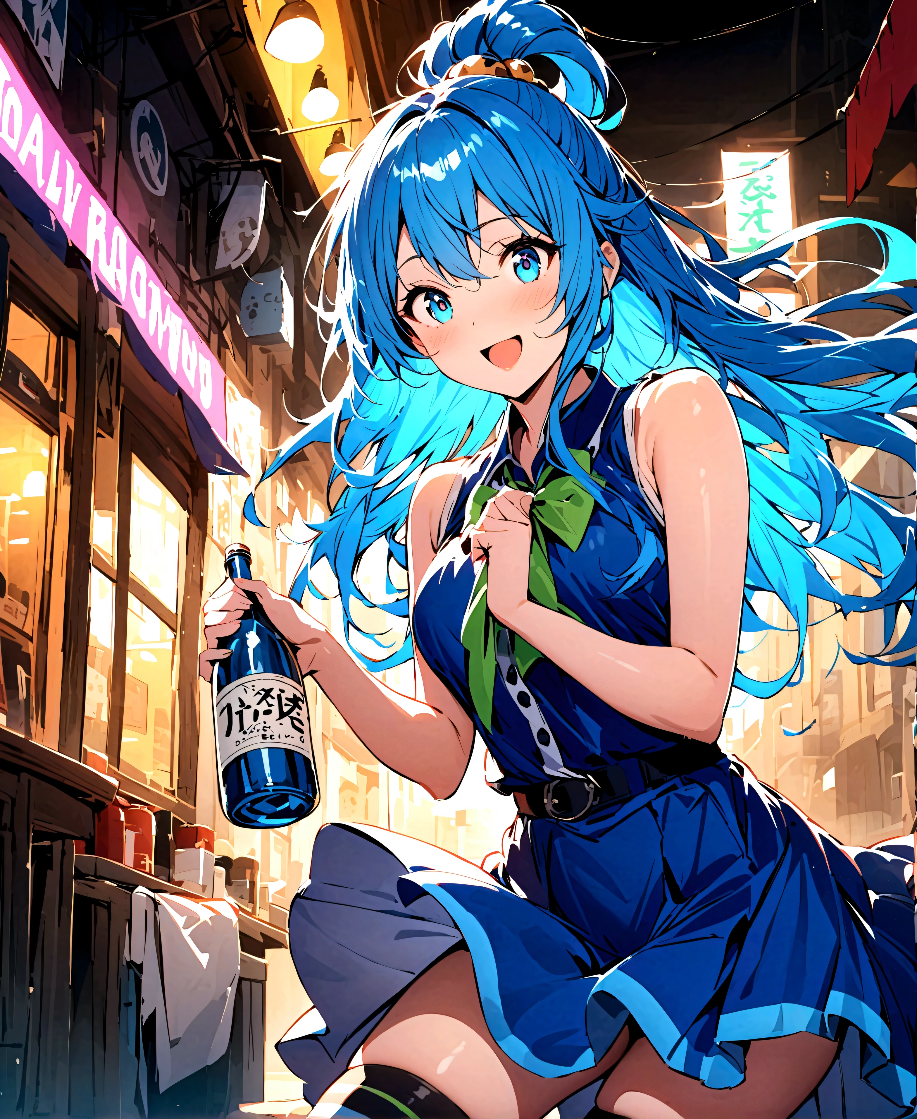 score_9、score_8_up、score_7_up、Motion Blur、Detailed Background、Staring at the audience、Realistic lighting、Mature Woman、Detailed eyes、
Slim and healthy、1 girl、Open your lips a little、Blushing、Spread your smile、
、Sakimi Cartoon、
 、ruanyi0724、alley、electric wire、Neon Light、
 、Aqua(/KonoSuba)/、blue eyes、Blue Hair、Long Hair、hair ornaments、Hair Ring、シングルHair Ring、Blue footwear、青いThigh-high socks、boots、Sleeveless、サイハイboots、Thigh-high socks、白いThigh-high socks、Thigh-high socks、Shoulder Bare、Blue Skirt、Blue Shirt、Green ribbon、
Acting cute、Drunk、Holding the bottle in your hand、dance、Roll up your skirt、
 thiccwithaq、、Expressiveh、