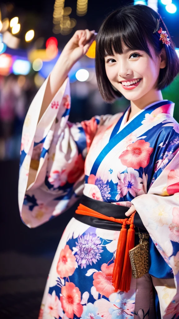 ((Best quality))((realistic))((full body))((face detail))A girl. Short black hair. Kimono. Night . Fireworks festival . laugh. 