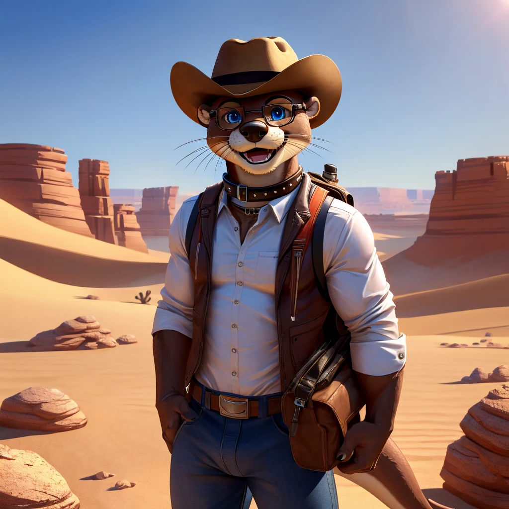 Male, Otter, blue eyes, (posing:1.3), (soft shading), 4k, hi res, ((detailed face, detailed)), looking at viewer, smile, open mouth, desert, cactus, shirt, hat, male focus, cowboy shot, glasses, pants, bag, vest, backpack, sleeves rolled up, round eyewear, brown headwear, brown vest, whiskers, Otter is wearing a glossy leather dog collar around the neck, Otter is wearing the leather collar and shirt and vest at the same time.