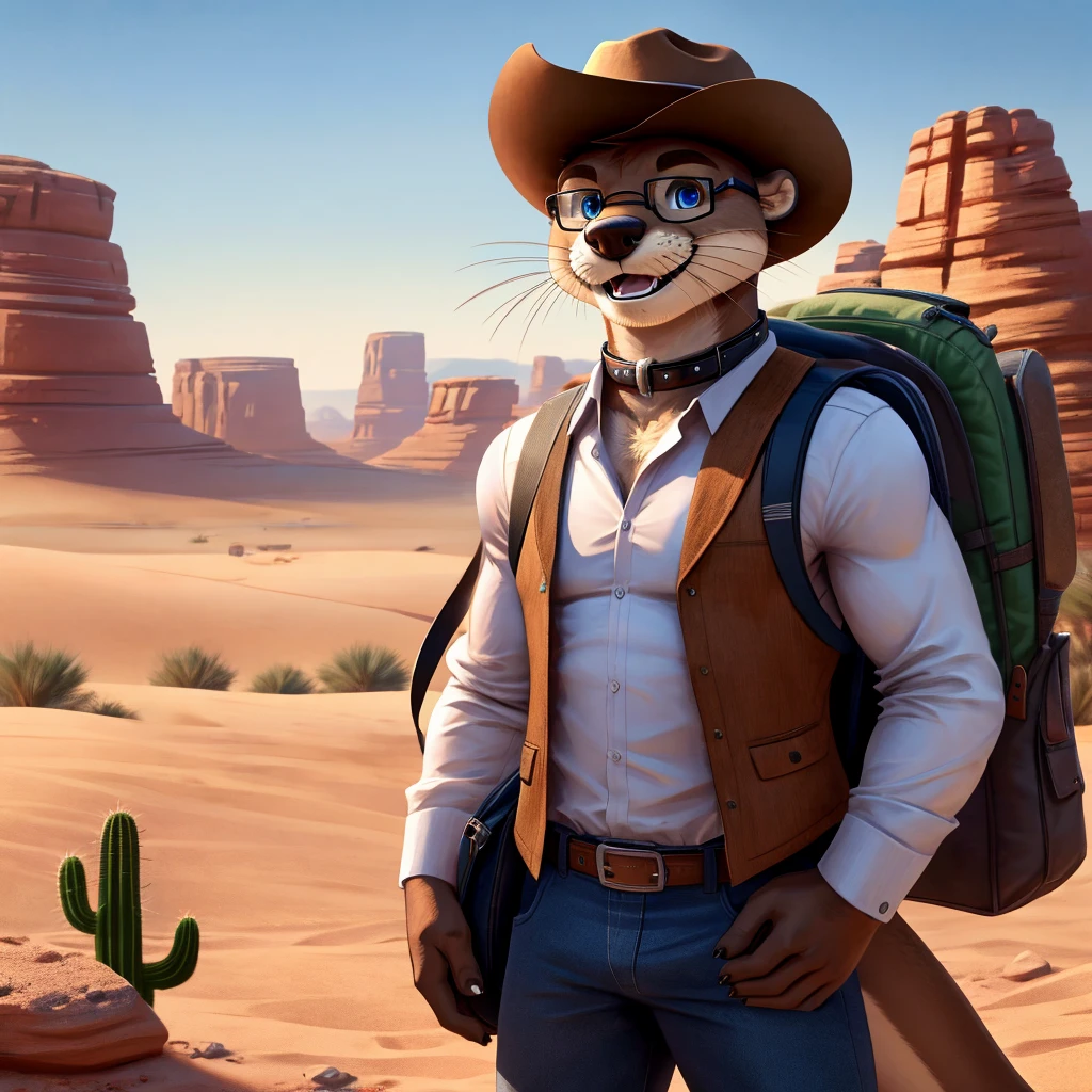 Male, Otter, blue eyes, (posing:1.3), (soft shading), 4k, hi res, ((detailed face, detailed)), looking at viewer, smile, open mouth, desert, cactus, shirt, hat, male focus, cowboy shot, glasses, pants, bag, vest, backpack, sleeves rolled up, round eyewear, brown headwear, brown vest, whiskers, Otter is wearing a glossy leather dog collar around the neck, Otter is wearing the leather collar and shirt and vest at the same time.