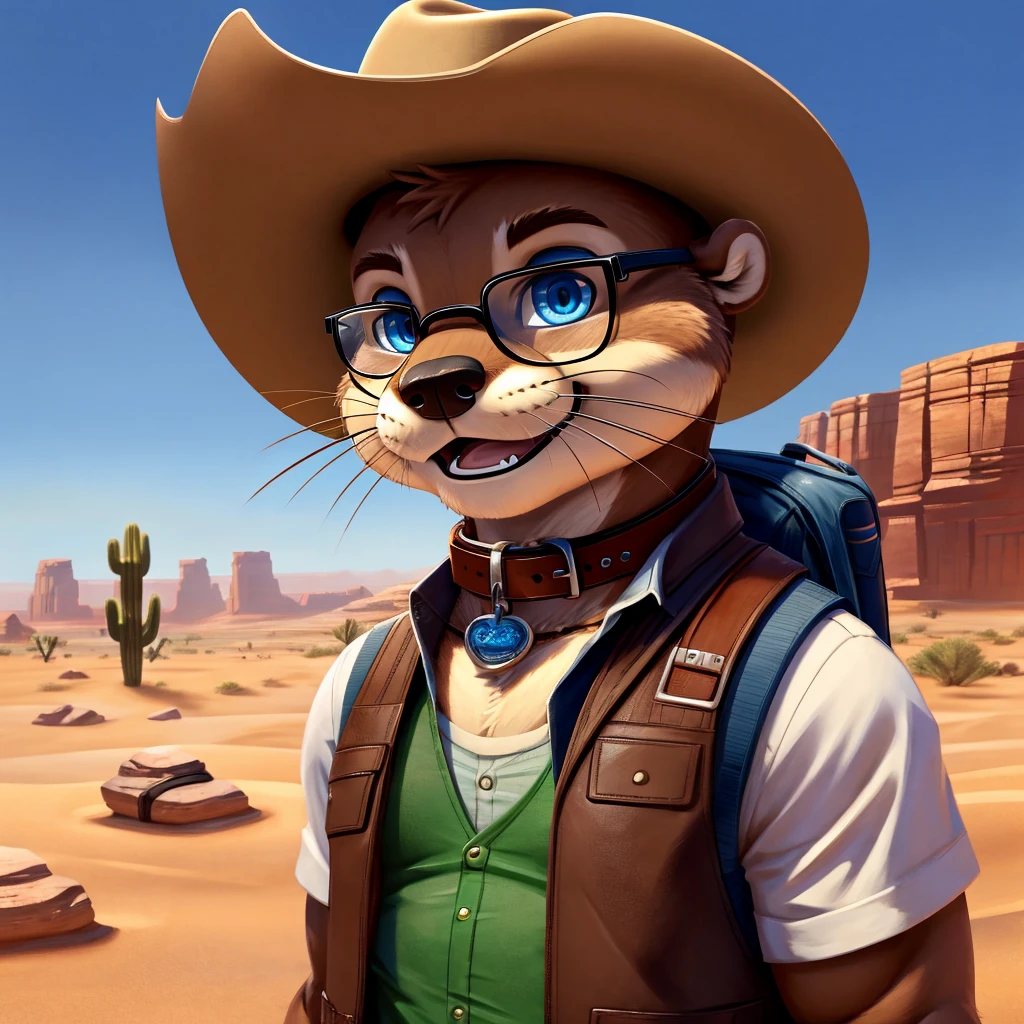 Male, Otter, blue eyes, (posing:1.3), (soft shading), 4k, hi res, ((detailed face, detailed)), looking at viewer, smile, open mouth, desert, cactus, shirt, hat, male focus, cowboy shot, glasses, pants, bag, vest, backpack, sleeves rolled up, round eyewear, brown headwear, brown vest, whiskers, Otter is wearing a glossy leather dog collar around the neck, Otter is wearing the leather collar and shirt and vest at the same time.