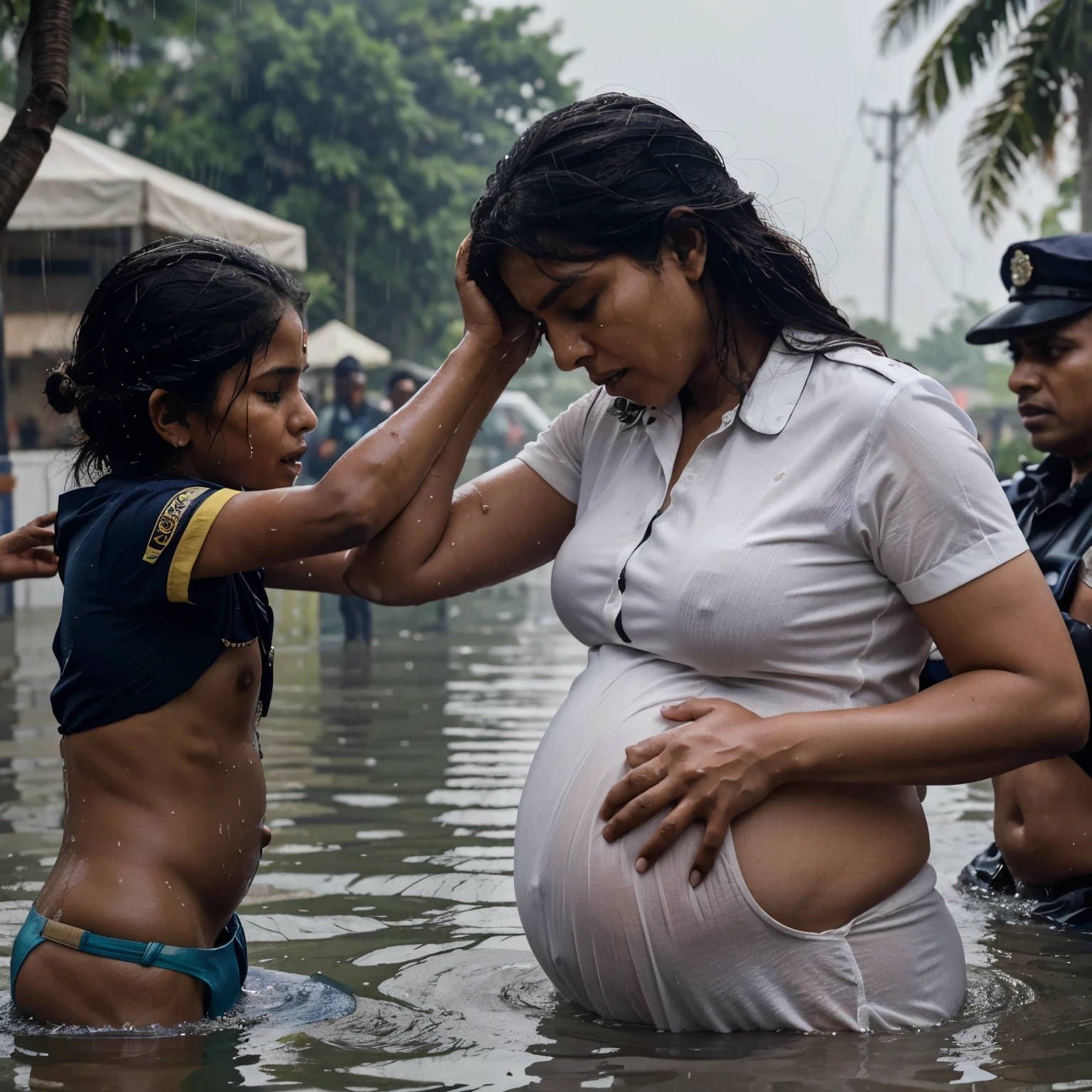 A poor pregnant indian crying police woman. She is saving her son from drowning in water. It was raining heavily on them. back side multiple people watch this scene. (realistic,  4k )