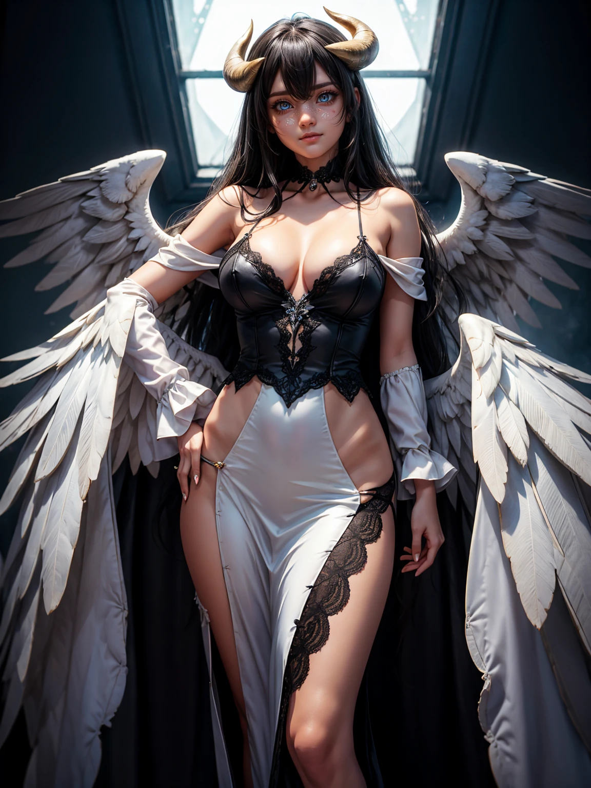 Masterpiece, Best quality, high resolucion, AL1, demon horns, pupilles fendues, Gants blancs, Regarder le spectateur, Robe blanche, bare shoulders, Detached collar, clivage, Ailes noires, feathered wings, ailes basses, Tir de cowboy, agenouillement, sourire, cachot, sourire diabolique, Tenue de femme de chambre, breasts exposed, visible
