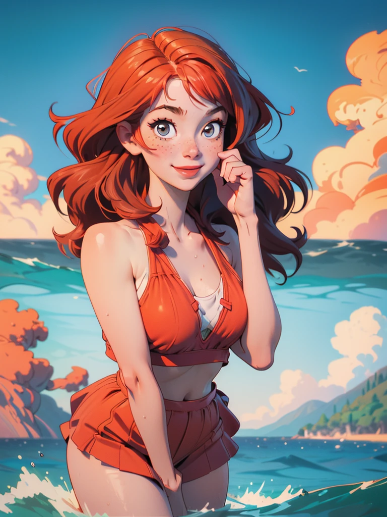 (best quality, masterpiece), 1girl, upper body, paw pose, smile, laughing, happy, ocean, (breast, nipple), pantie, orange nuance hair, freckles, blush, looking at viewer, wavy hair, short red hair, cloud, splashing, waves, sun, mountain, wet