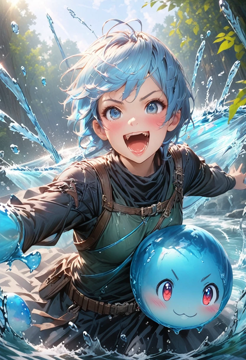 Blue slime and little blue haired swordsman, Dungeons、Clear blue sky、Waterside in the forest、adventure、SLR、Feel the depth、Fun Expressions、Realistic water effects、
