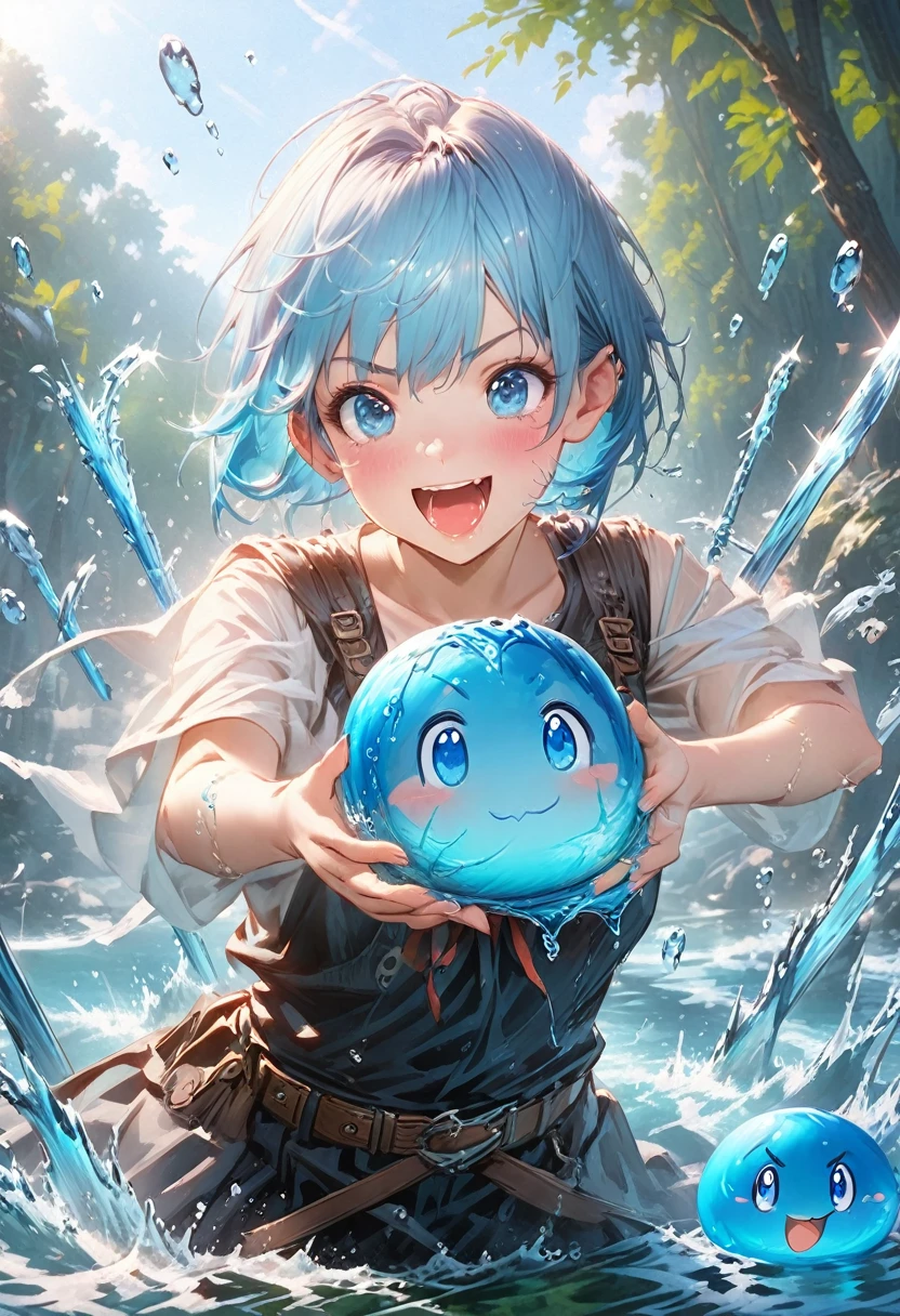 Blue slime and little blue haired swordsman, Dungeons、Clear blue sky、Waterside in the forest、adventure、SLR、Feel the depth、Fun Expressions、Realistic water effects、