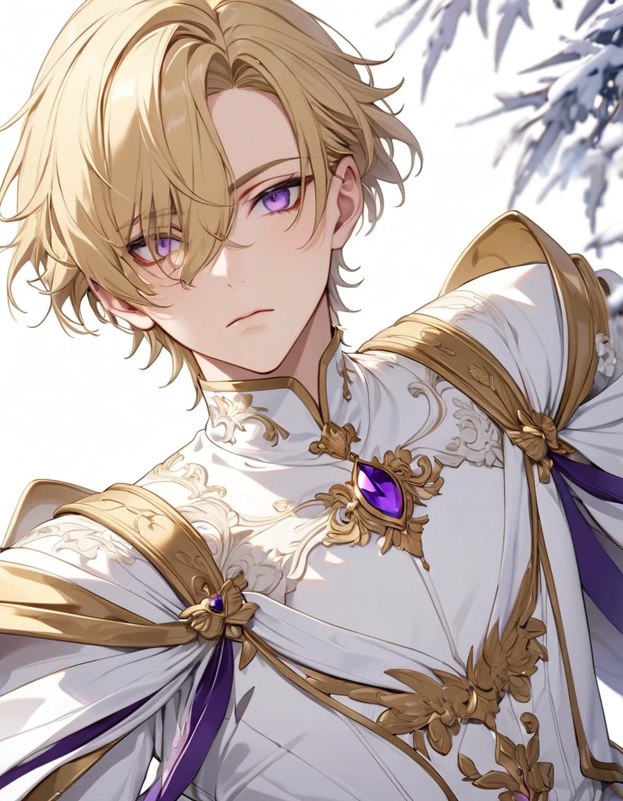 masterpiece, Top quality动漫插图, Very detailed, Extreme details, 16K, 2.5D, Delicate portrayal, 1 male youth, 25 years old, Blonde short hair, Purple Eyes, Proud Prince, Finely minced bangs, Attractive appearance, Cold expression, Optimal body proportions, Dressed in gorgeous white clothes and golden accessories, Top view, Royal Palace Gardens + background, Top quality, Rich details, Perfect image quality