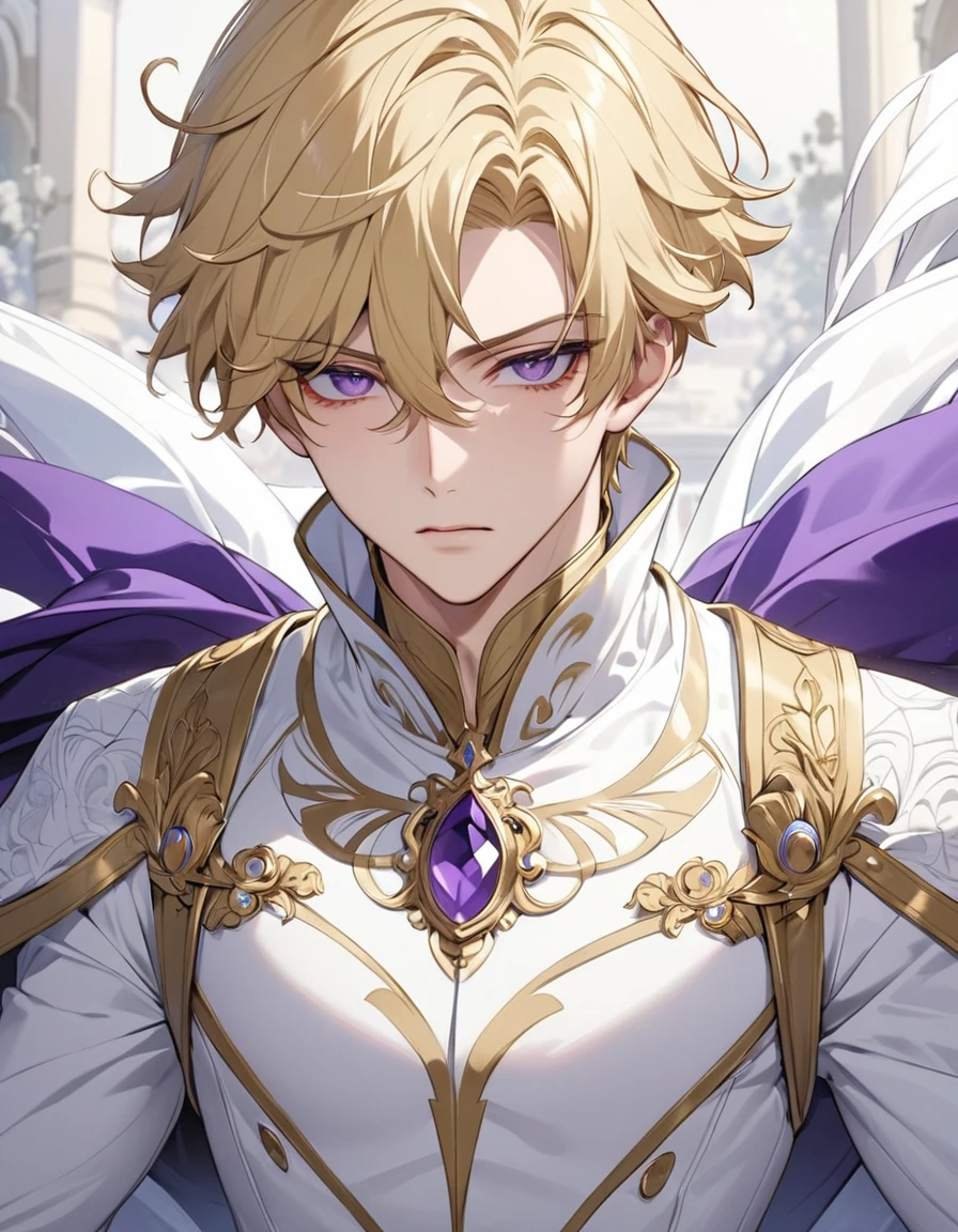 masterpiece, Top quality动漫插图, Very detailed, Extreme details, 16K, 2.5D, Delicate portrayal, 1 male youth, 25 years old, Blonde short hair, Purple Eyes, Proud Prince, Finely minced bangs, Attractive appearance, Cold expression, Optimal body proportions, Dressed in gorgeous white clothes and golden accessories, Top view, Royal Palace Gardens + background, Top quality, Rich details, Perfect image quality